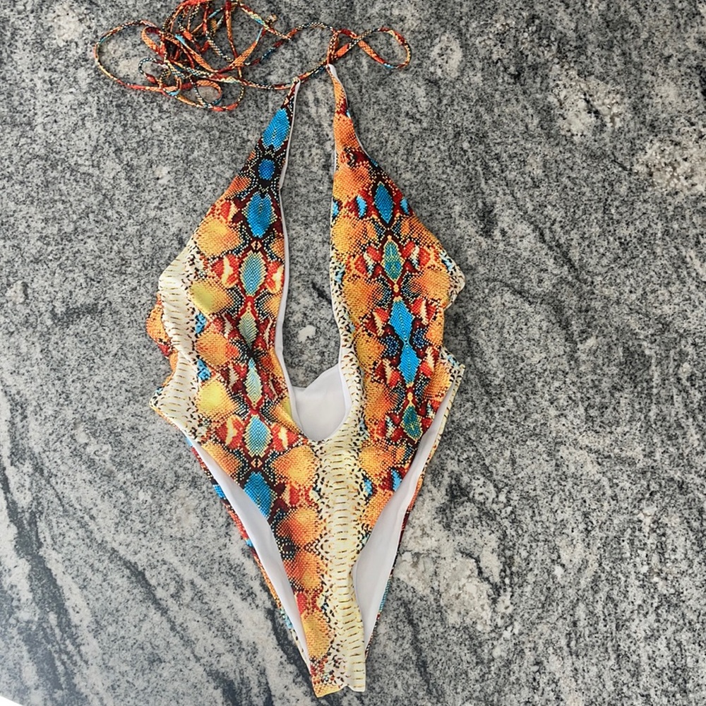 One Piece Snakeskin Deep V Neck Swimsuit